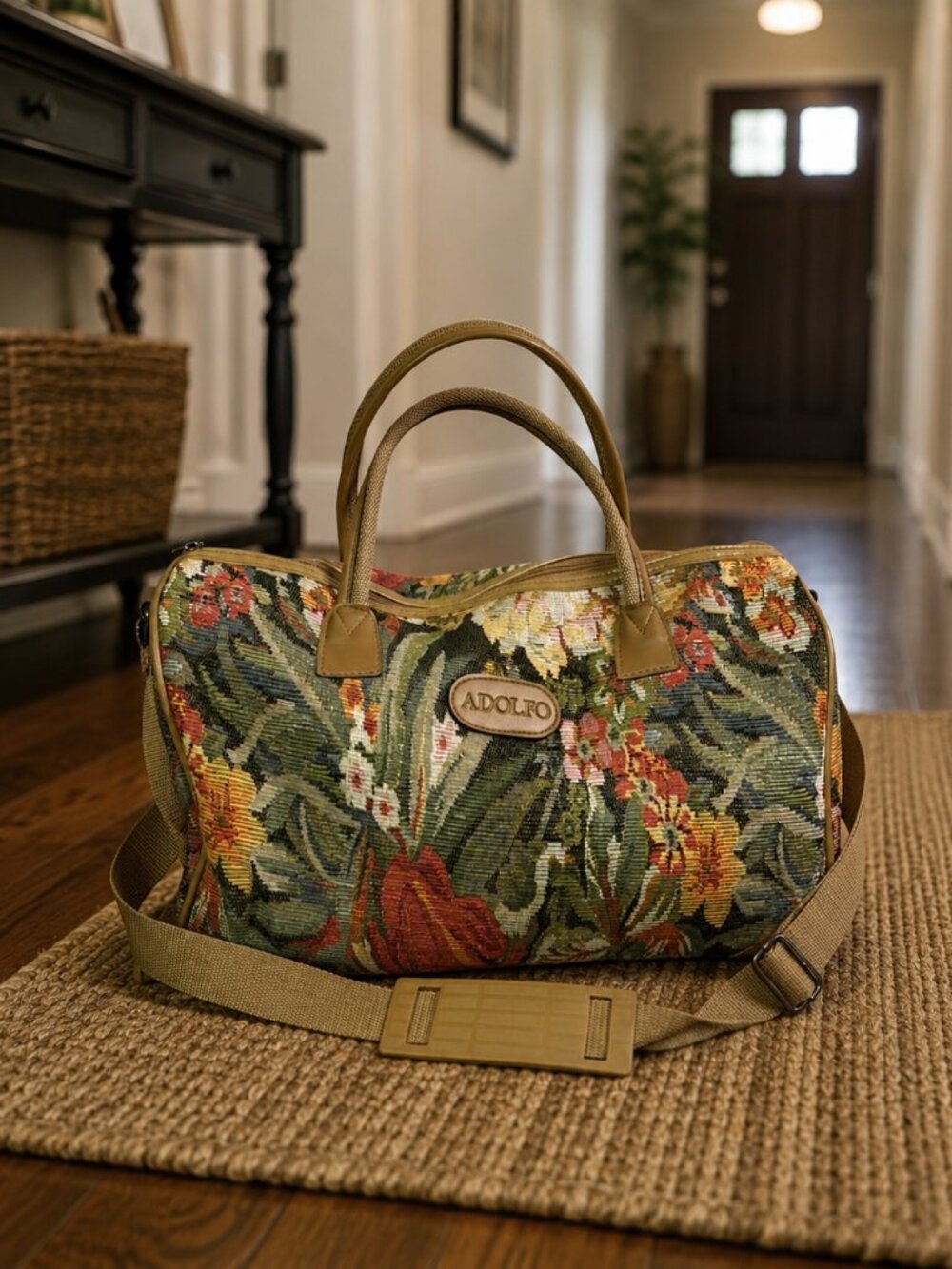 Adolfo Brown and Tan Travel Bag with Tapestry Design